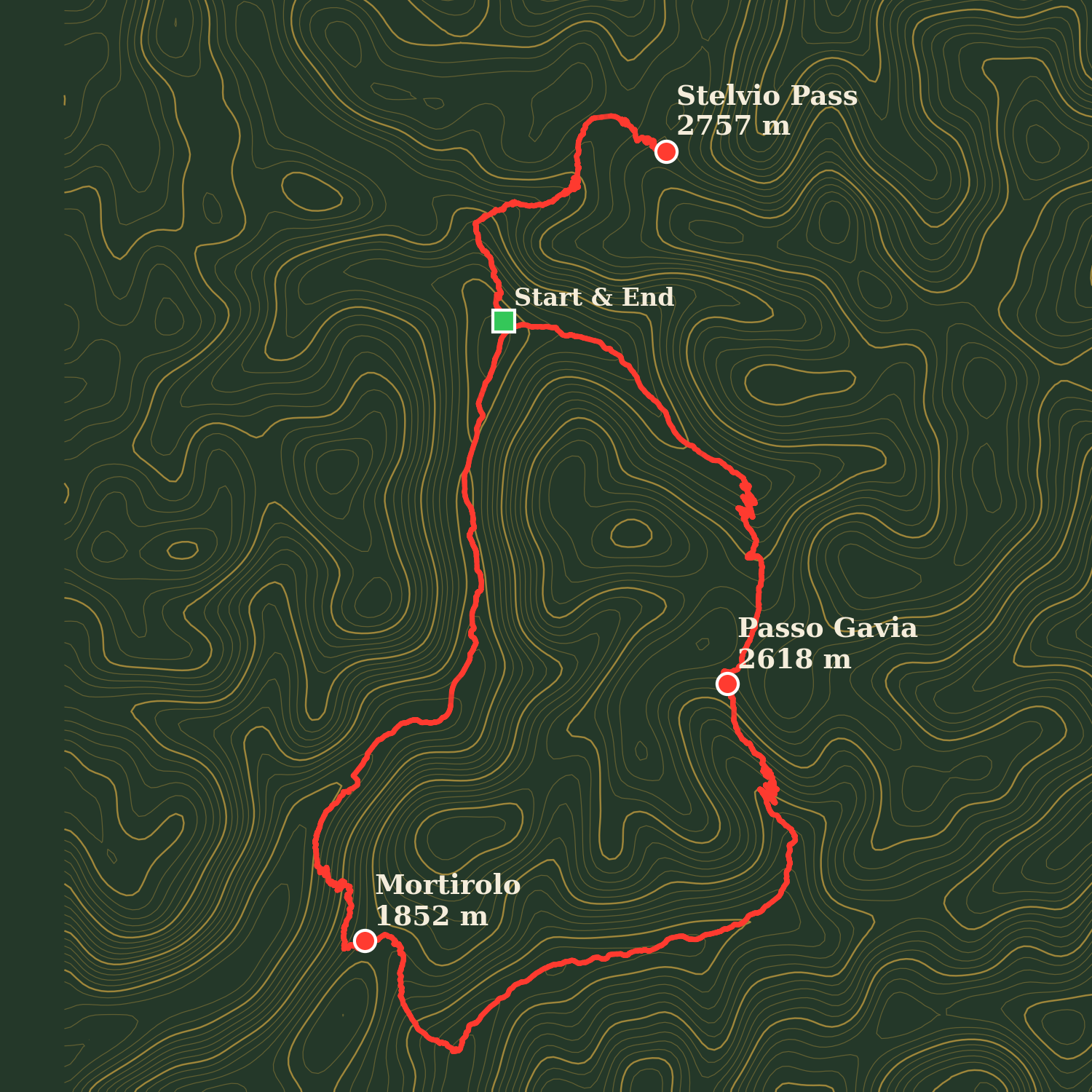 Route map of Stelvio · Gavia · Mortirolo Triangle