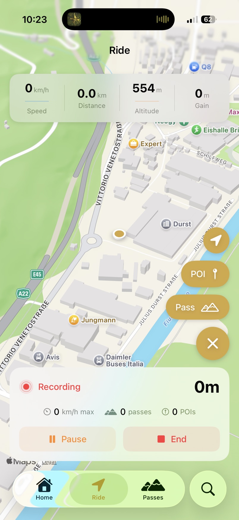 App screenshot showing a live ride trail with a 5 km pass proximity alert