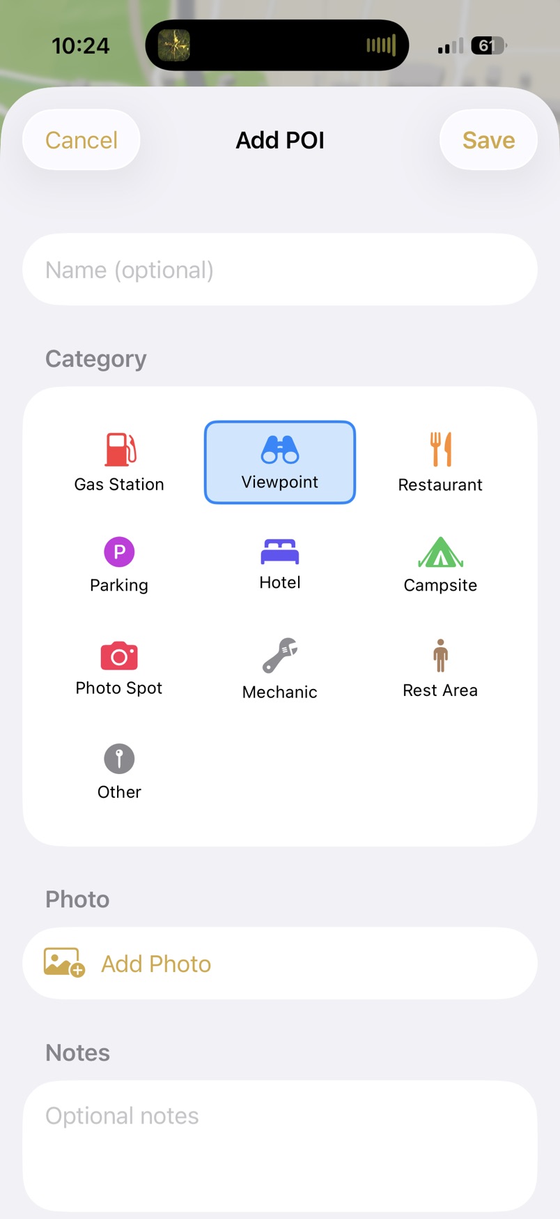 App screenshot showing the POI category picker during a ride