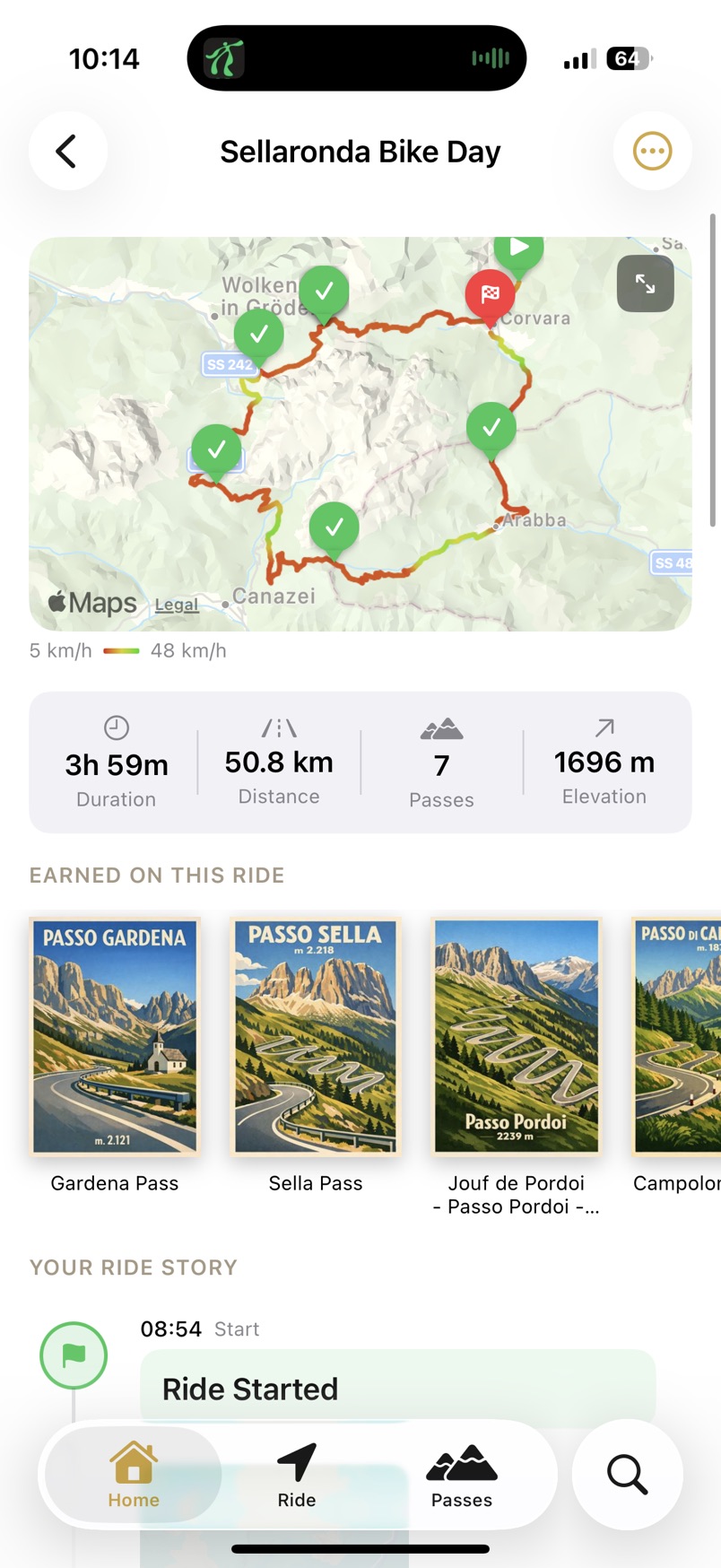 App screenshot showing a ride timeline stitched into a multi-day trip overview