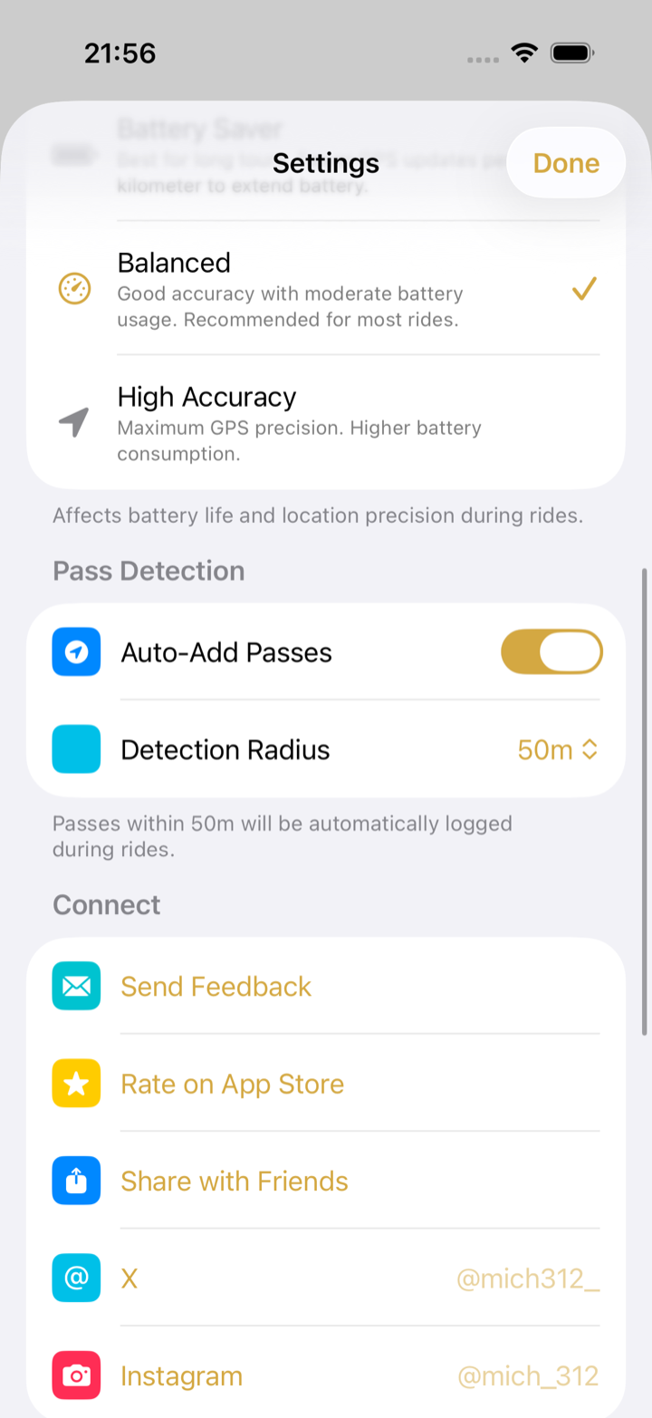 Mountain Passes settings with GPS Accuracy set to Balanced and the Pass Detection section below it