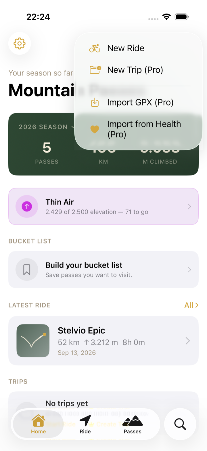 The plus menu on Home with New Ride, New Trip (Pro), Import GPX (Pro) and Import from Health (Pro)