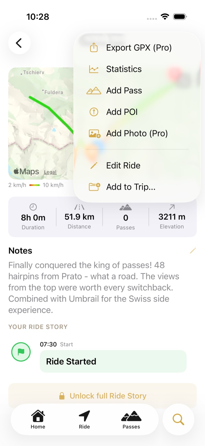 A ride's menu with Add to Trip… at the bottom, below Edit Ride
