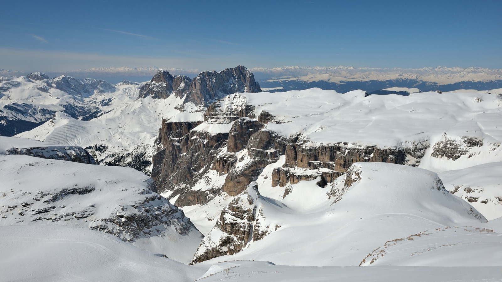 Panoramic view west from Piz Boè across the Sella massif in the Dolomites